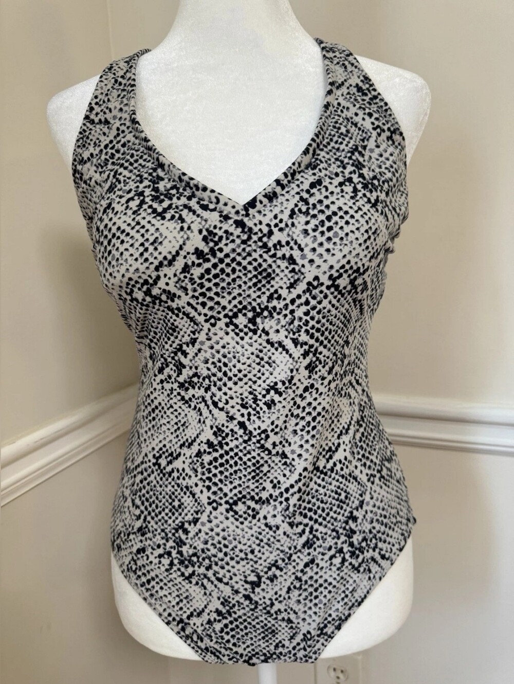 Snake-Print V-Neck Halter Bodysuit in Black and White